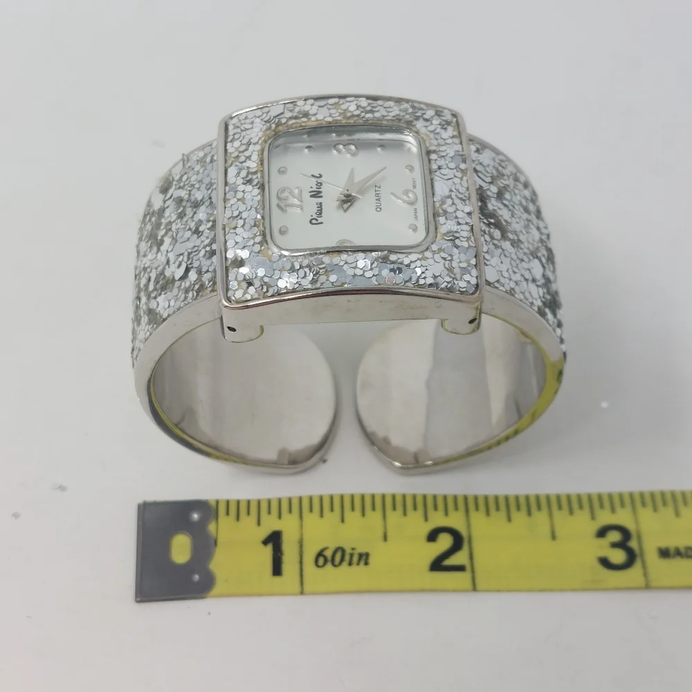 Pierre Nicol Silver Sequin Sparkly Watch Cuff Bracelet Square Face Glam Bling